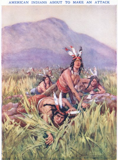 Indios americanos a punto de atacar (litografía en color) de C. Dudley Tennant