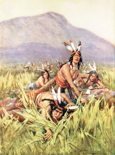 Indios americanos a punto de atacar (litografía en color) de C. Dudley Tennant