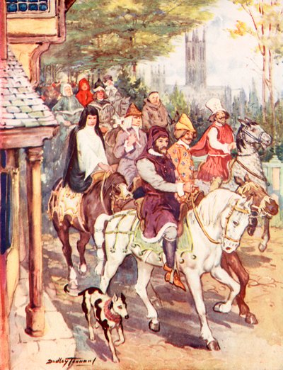 Chaucer cabalgando hacia Canterbury con los peregrinos (litografía en color) de C. Dudley Tennant