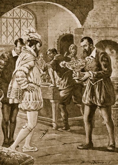 Francisco I visitando a Benvenuto Cellini en su taller (litografía) de C. Dudley Tennant