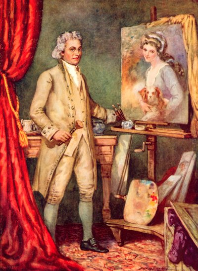 George Romney pintando un cuadro de Lady Hamilton (litografía en color) de C. Dudley Tennant