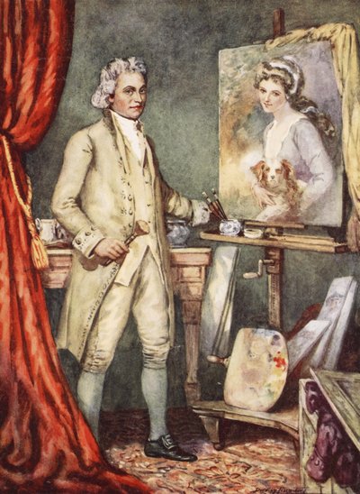 George Romney pintando un retrato de Lady Hamilton (litografía en color) de C. Dudley Tennant