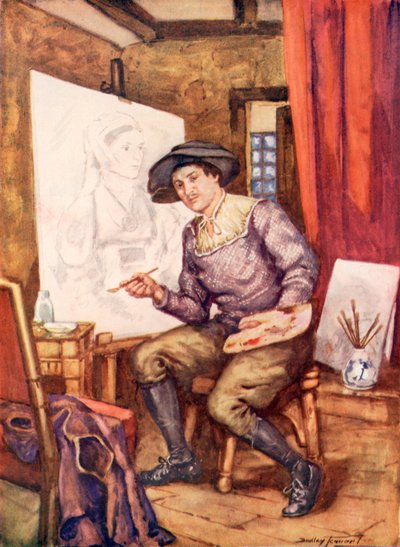 Hans Holbein trabajando en su estudio (litografía en color) de C. Dudley Tennant