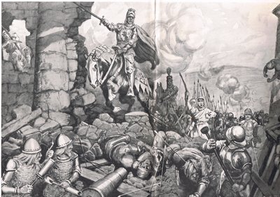 Enrique V en el sitio de Harfleur, ilustración de "British Battles on Land and Sea", publicado por Cassell, Londres, hacia 1910 (litografía). de C. Dudley Tennant