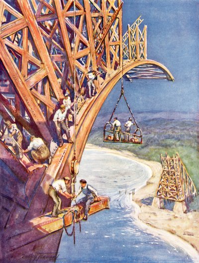 Cómo el constructor de puentes realiza sus conquistas (litografía en color) de C. Dudley Tennant