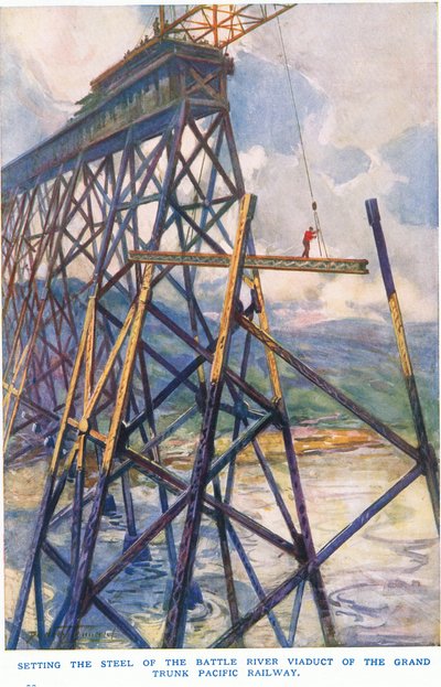 Colocación de acero en el viaducto del río Battle del Grand Trunk Pacific Railway de C. Dudley Tennant