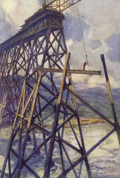 Colocación del acero del viaducto del río Battle del ferrocarril Grand Trunk Pacific, Canadá (litografía en color) de C. Dudley Tennant