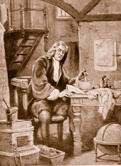 Sir Isaac Newton en su pequeña habitación (litografía) de C. Dudley Tennant