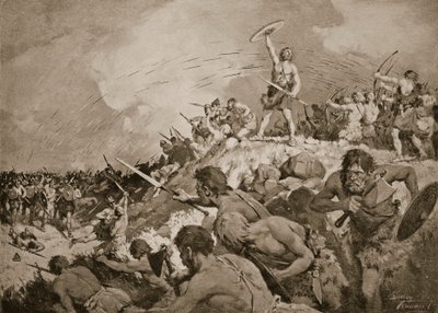 La batalla de Mons Badonicus, hacia 500 d.C., ilustración de "La Historia de la Nación" (litografía) de C. Dudley Tennant