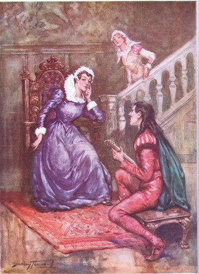 El músico que se ganó el favor de la reina. María Reina de Escocia y David Rizzio (litografía en color) de C. Dudley Tennant
