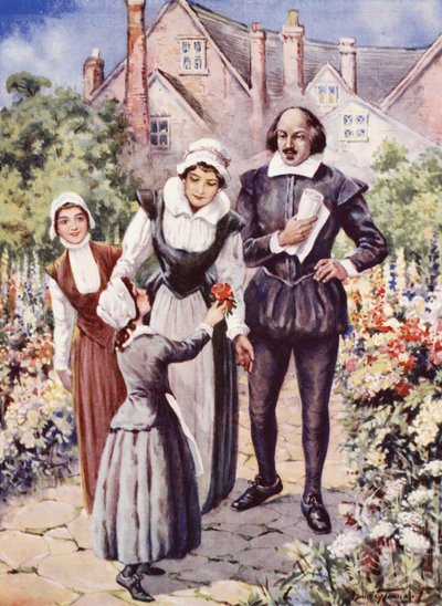 William Shakespeare, con su esposa y sus dos hijas, en el jardín de New Place, Stratford-upon-Avon (litografía en color) de C. Dudley Tennant