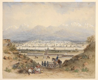 Un general que revisa la caballería y la infantería, que está a punto de entrar en una ciudad amurallada en un país montañoso, quizás Kandahar (N.W.F.P.). 1843, después de un boceto anterior. de C. Graham