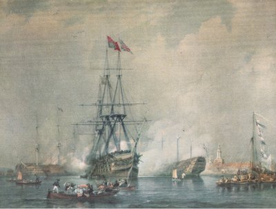 HMS Victory disparando un saludo real en el puerto de Portsmouth, de British Adventure publicado por Collins, 1947 de C. J. M. Whichello