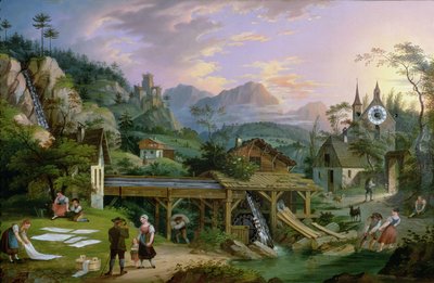 Reloj de imagen con escena de un paisaje de aldea alpina con mecanismo de reloj en la torre de la iglesia, 1833 de C. L. Hoffmeister