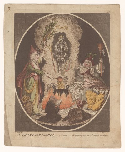 Caricatura sobre la Paz de Amiens, 1802 Una fantasmagoría; - Escena - Conjurando un esqueleto armado (título sobre el objeto) de C. Starcke
