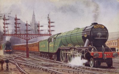 El tren Flying Scotsman del Ferrocarril del Norte y del Este de Londres saliendo de la estación de Kings Cross, Londres de C. T. Howard
