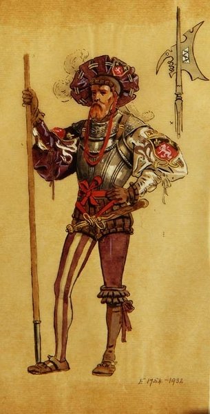 Un cortesano armado, diseño de vestuario para Como gustéis, producido por R.Courtneidge en el Teatro Princes, Manchester de C. Wilhelm