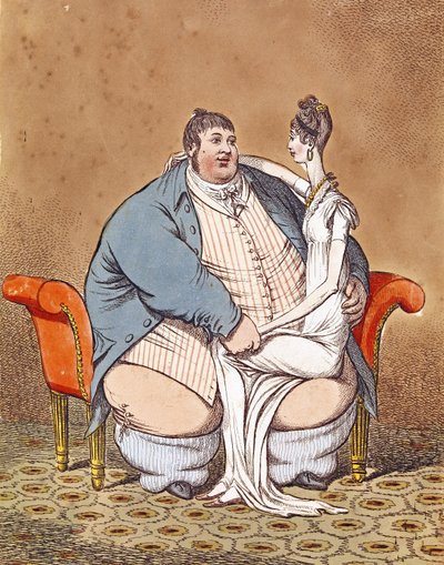 Gordo y Delgado - Daniel Lambert contrastado con una mujer delgada sentada en su rodilla, 1806 de C. Williams
