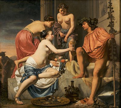 Baco en el trono - Ninfas ofreciendo a Baco vino y fruta de Caesar van Everdingen