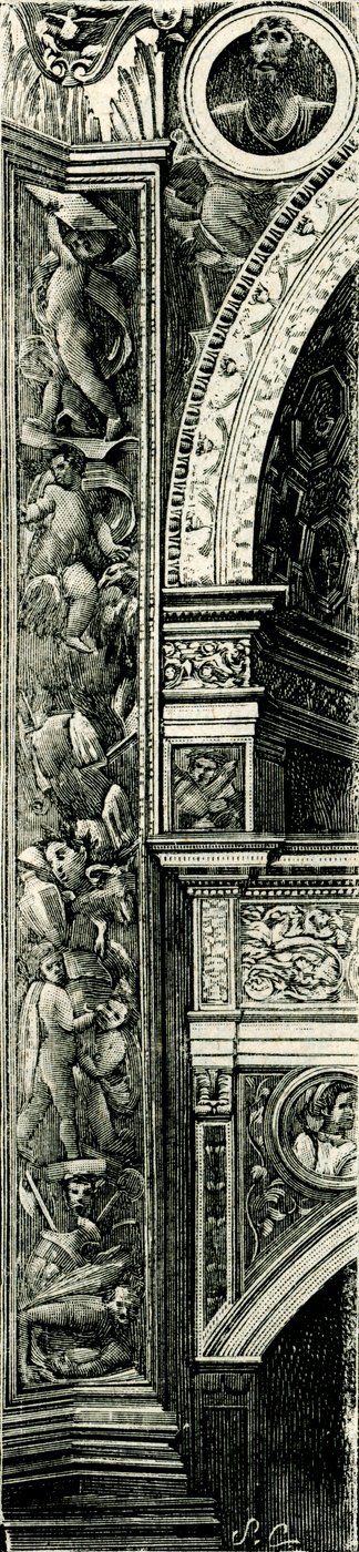 Franja de pilastra decorada por Callisto Piazza (hacia 1500-1561 o 1562), Tempio Civico della Beata Vergine Incoronata (Templo de la Beata Virgen María Coronada), Lodi, Lombardía, Italia, xilografía de Callisto Piazza
