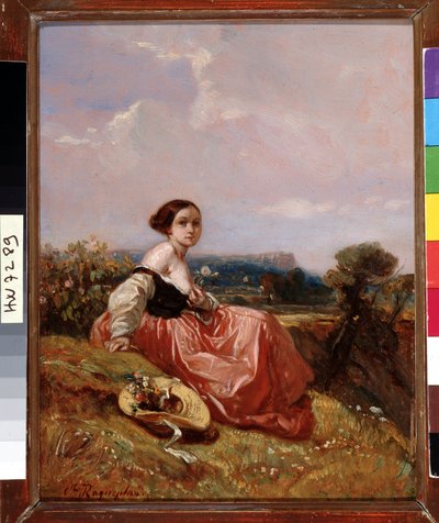 Joven con sombrero delante de la Sainte Mountain Victoire Pintura de Camille Roqueplan (1803-1855) Dim. 18x23 cm Mención obligatoria: Colección Fundación Saludos de Provenza, Marsella de Camille Joseph Etienne Roqueplan