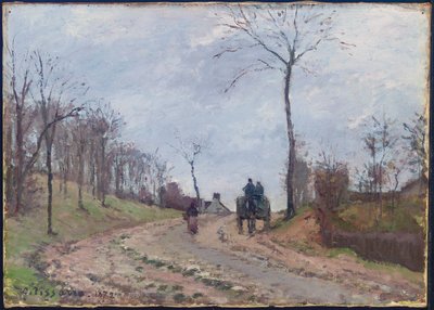 Carruaje en un camino rural, invierno, afueras de Louveciennes, 1872 de Camille Jacob Pissarro