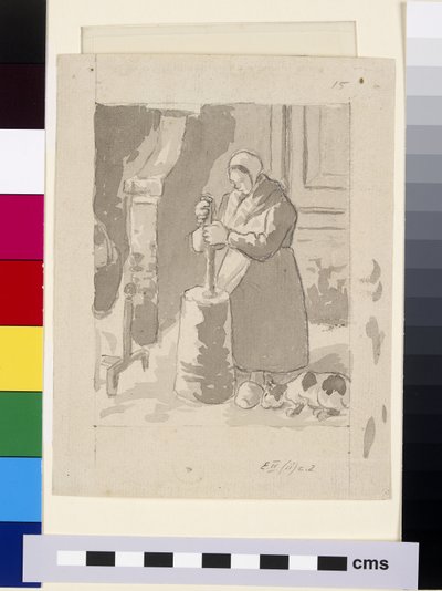 Estudio composicional de una campesina haciendo mantequilla de Camille Jacob Pissarro