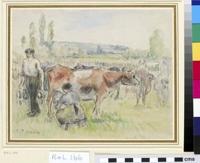 Estudio composicional de una escena de ordeño en Eragny-sur-Epte de Camille Jacob Pissarro