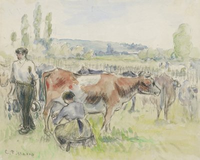 Estudio composicional de una escena de ordeño en Eragny-sur-Epte, 1884 de Camille Jacob Pissarro