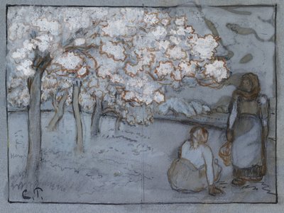 Estudio composicional de dos campesinas conversando en un huerto, c. 1894 de Camille Jacob Pissarro