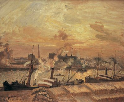 Descarga de madera, muelle de la Bolsa, puesta de sol, 1898 de Camille Jacob Pissarro