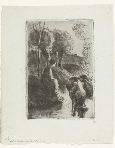 Pastora con vacas junto al agua Vachere au bord de l
