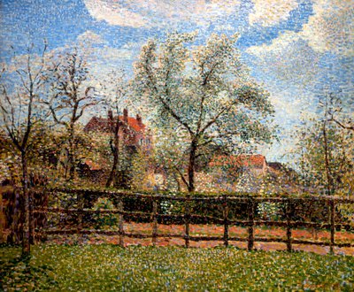 Perales y flores en Eragny, Mañana, 1886 de Camille Jacob Pissarro