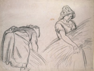 Estudio de dos cosechadoras femeninas, 1882 (tiza negra sobre papel rosa con blanco) de Camille Jacob Pissarro