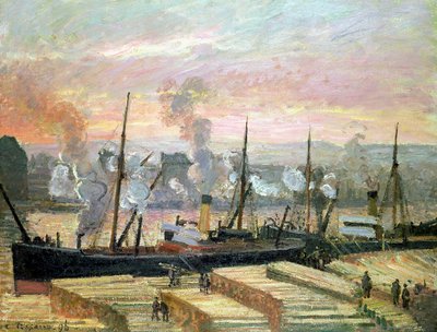 Atardecer en Rouen, barcos descargando madera, 1896 de Camille Jacob Pissarro