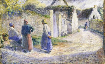 Calle del pueblo con tres personas a la derecha de Camille Jacob Pissarro