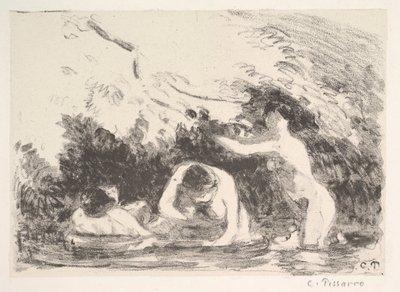 Bañistas a la sombra de bancos arbolados de Camille Jacob Pissarro