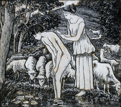 Chloë lavando a Daphnis en un arroyo, estudio composicional para una ilustración, c. 1895 de Camille Pissarro