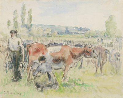 Estudio composicional de una escena de ordeño en Eragny-sur-Epte de Camille Pissarro
