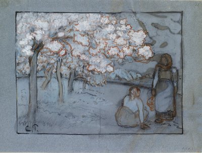 Estudio composicional de dos campesinas conversando en un huerto, c. 1894 de Camille Pissarro