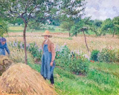 Jardinero junto a un pajar, cielo nublado, Eragny de Camille Pissarro