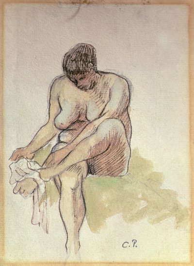 Mujer desnuda limpiándose el pie izquierdo (lápiz, aguada y tinta sepia y pluma sobre papel) de Camille Pissarro