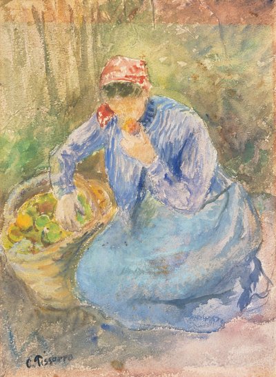 Campesina sentada con una cesta de manzanas de Camille Pissarro