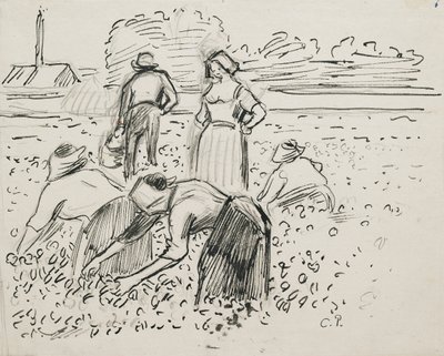 Estudio de cinco campesinos trabajando en un campo de Camille Pissarro