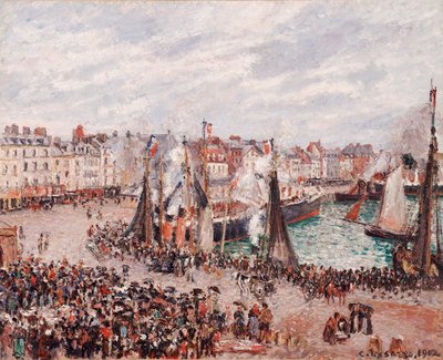 El mercado del pescado, Dieppe: Tiempo gris, mañana de Camille Pissarro