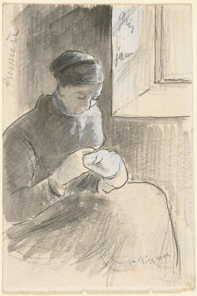 The Mender, c.1881 (pluma y tinta negra, pincel y aguada gris sobre grafito realzado con aguada blanca) de Camille Pissarro