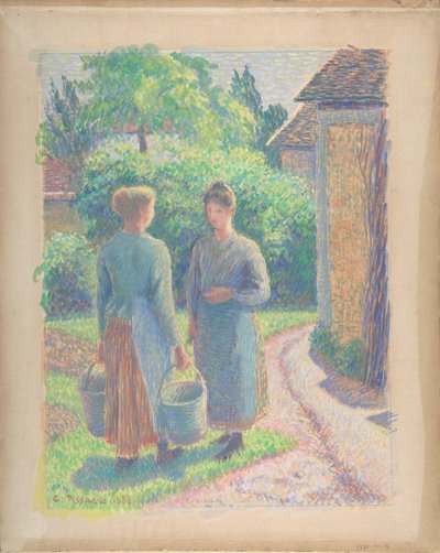 Dos mujeres en un jardín de Camille Pissarro