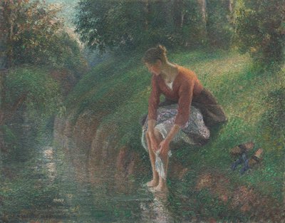 Mujer bañándose los pies en un arroyo de Camille Pissarro