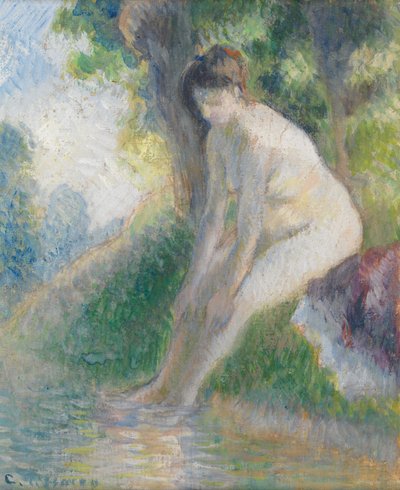 Mujer sentada a la orilla de un arroyo, c.1895 (gouache sobre tabla) de Camille Pissarro