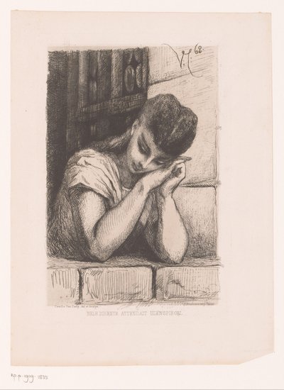 Nele se asoma a la ventana, esperando a Tijl Uilenspiegel. Nele dolente attendait Ulenspiegel (título sobre objeto) de Camille Van Camp
